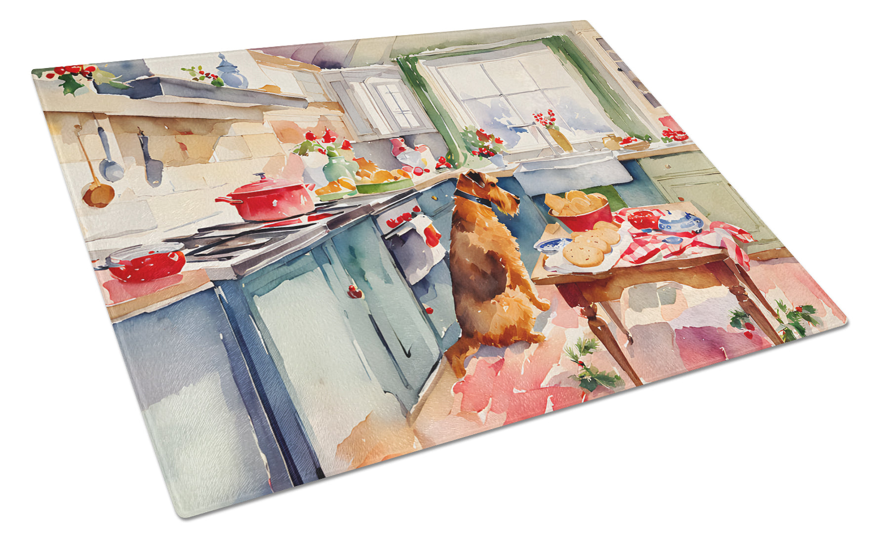 Airedale Terrier Christmas Cookies Cutting Board Tempered Glass Kitchen Cutting Surface, Heat Resistant Chopping, Non-Slip Feet, Food Prep & Serving