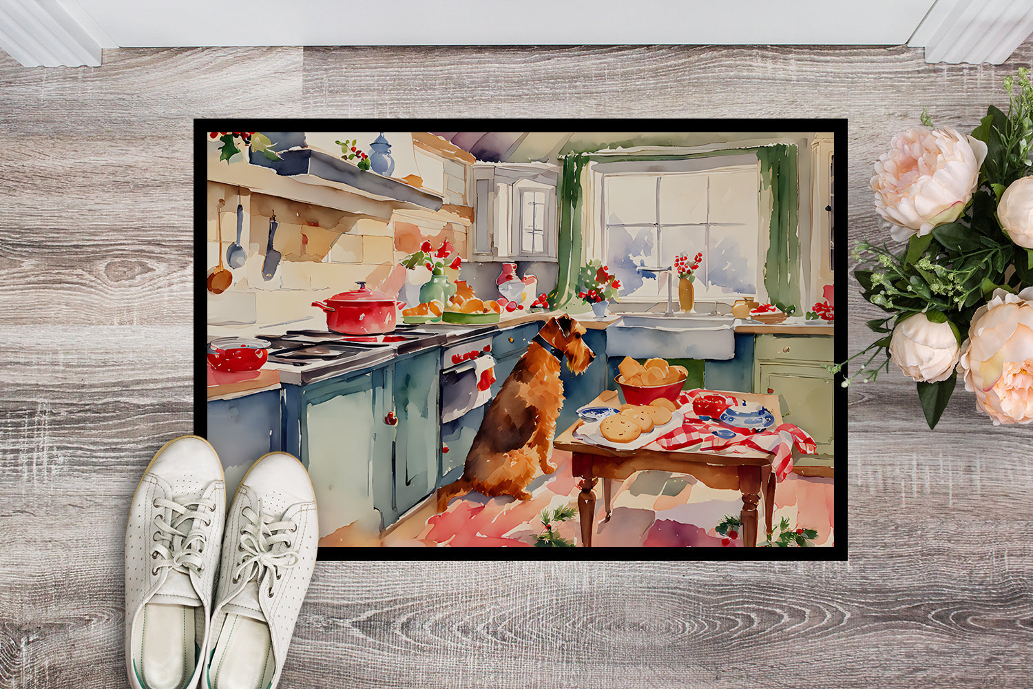 Airedale Terrier Christmas Cookies Doormat Indoor Outdoor 18H X 27W Front Door Mat Rugs for Entryway, Non Slip Washable