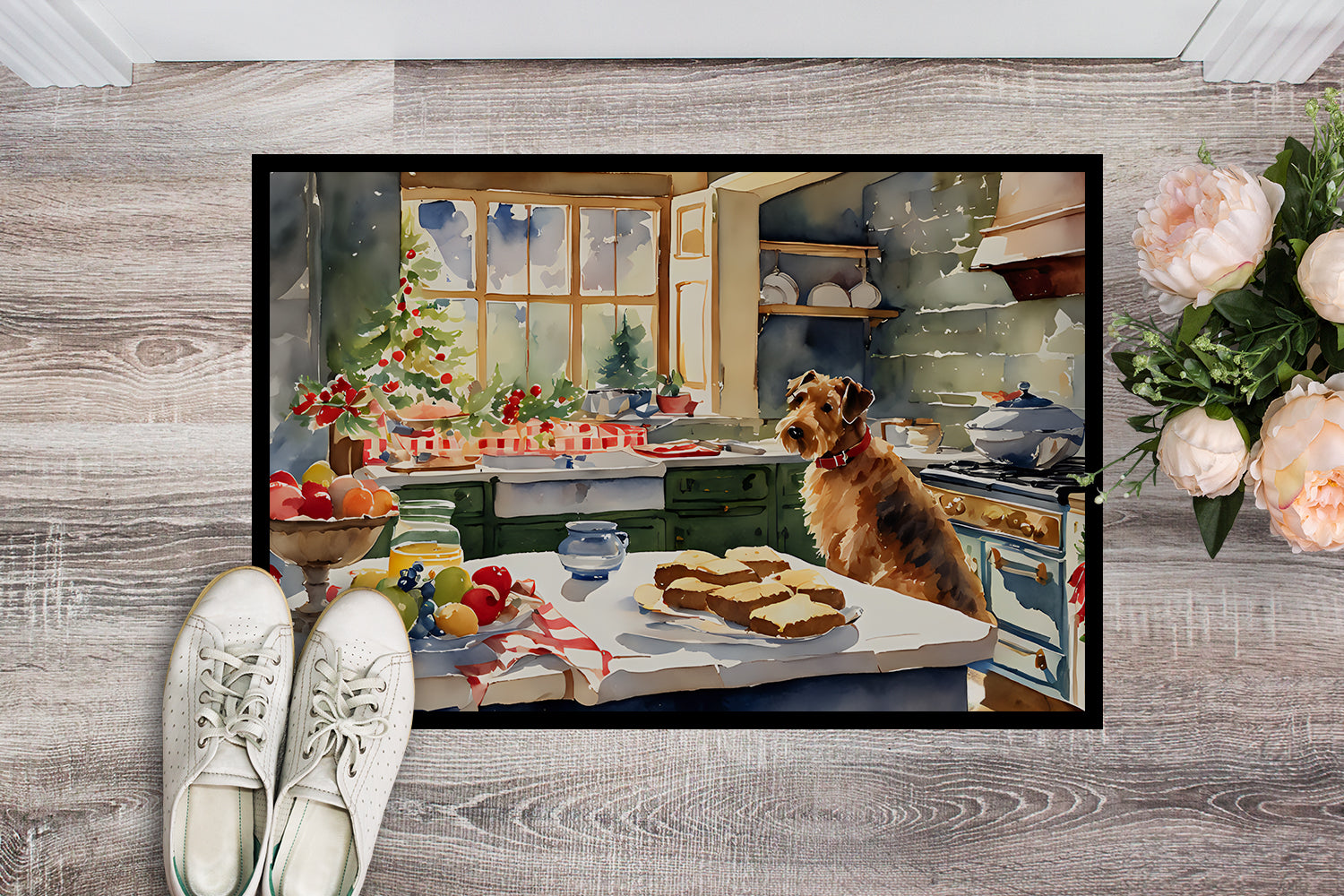 Airedale Terrier Christmas Cookies Doormat Indoor Outdoor 18H X 27W Front Door Mat Rugs for Entryway, Non Slip Washable
