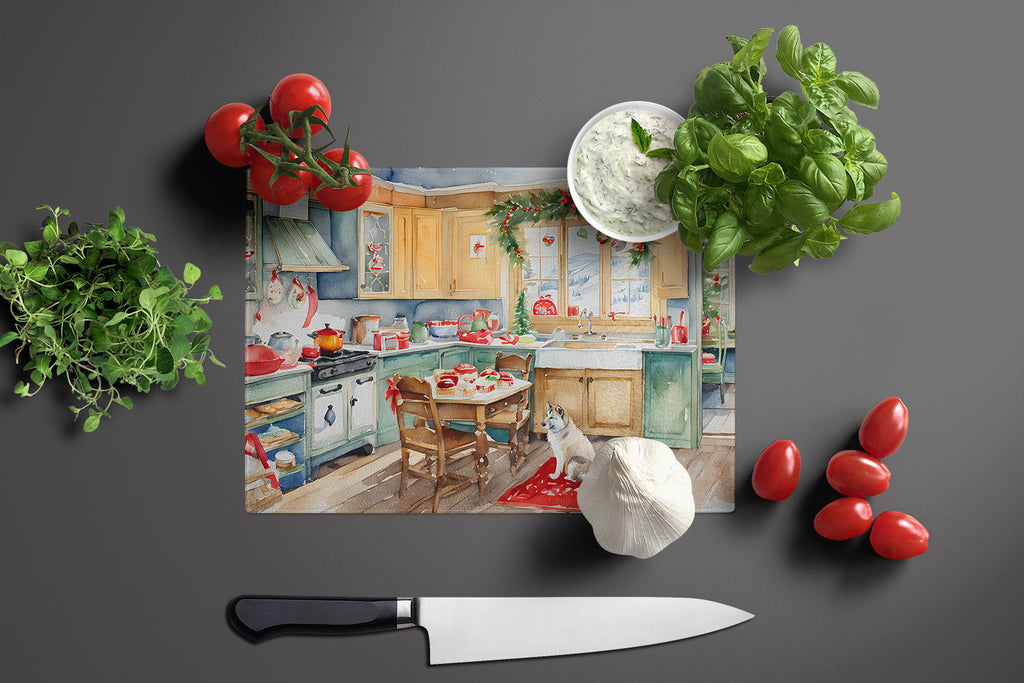 Alaskan Klee Kai Christmas Cookies Cutting Board Tempered Glass Kitchen Cutting Surface, Heat Resistant Chopping, Non-Slip Feet, Food Prep & Serving