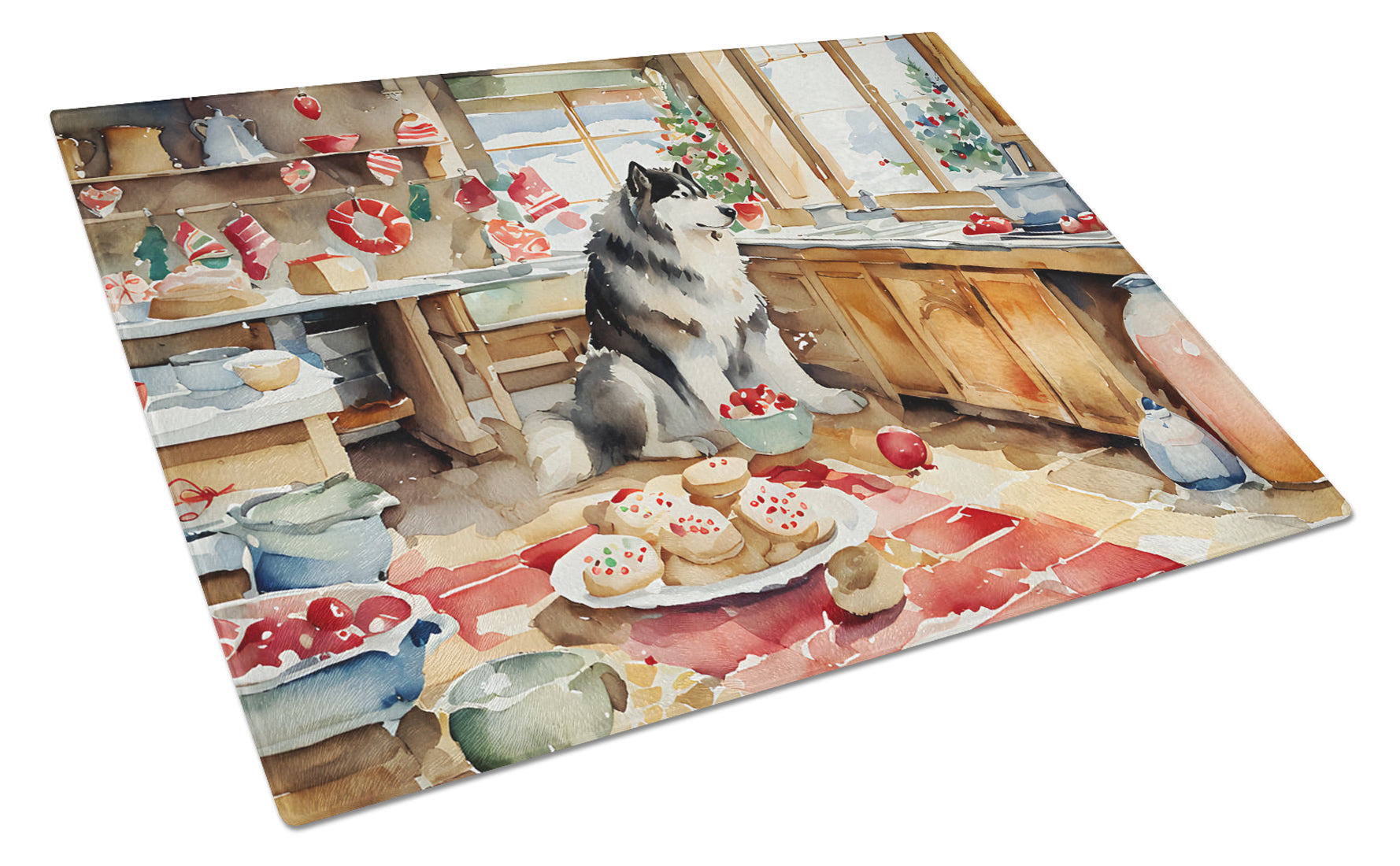 Alaskan Malamute Christmas Cookies Cutting Board Tempered Glass Kitchen Cutting Surface, Heat Resistant Chopping, Non-Slip Feet, Food Prep & Serving