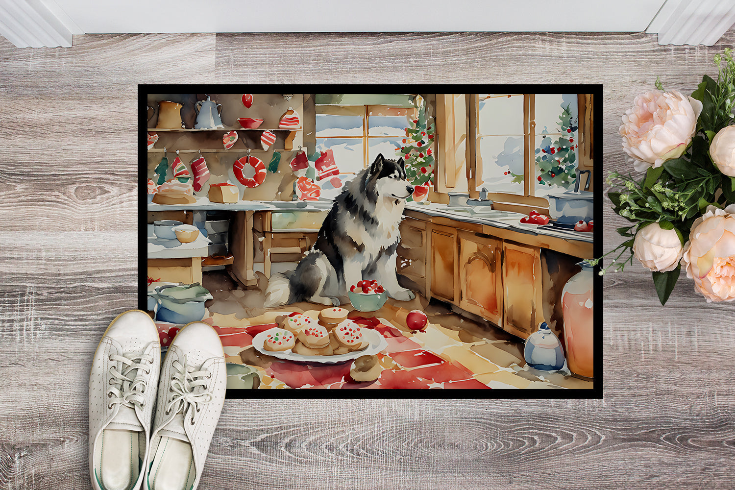 Alaskan Malamute Christmas Cookies Doormat Indoor Outdoor 18H X 27W Front Door Mat Rugs for Entryway, Non Slip Washable