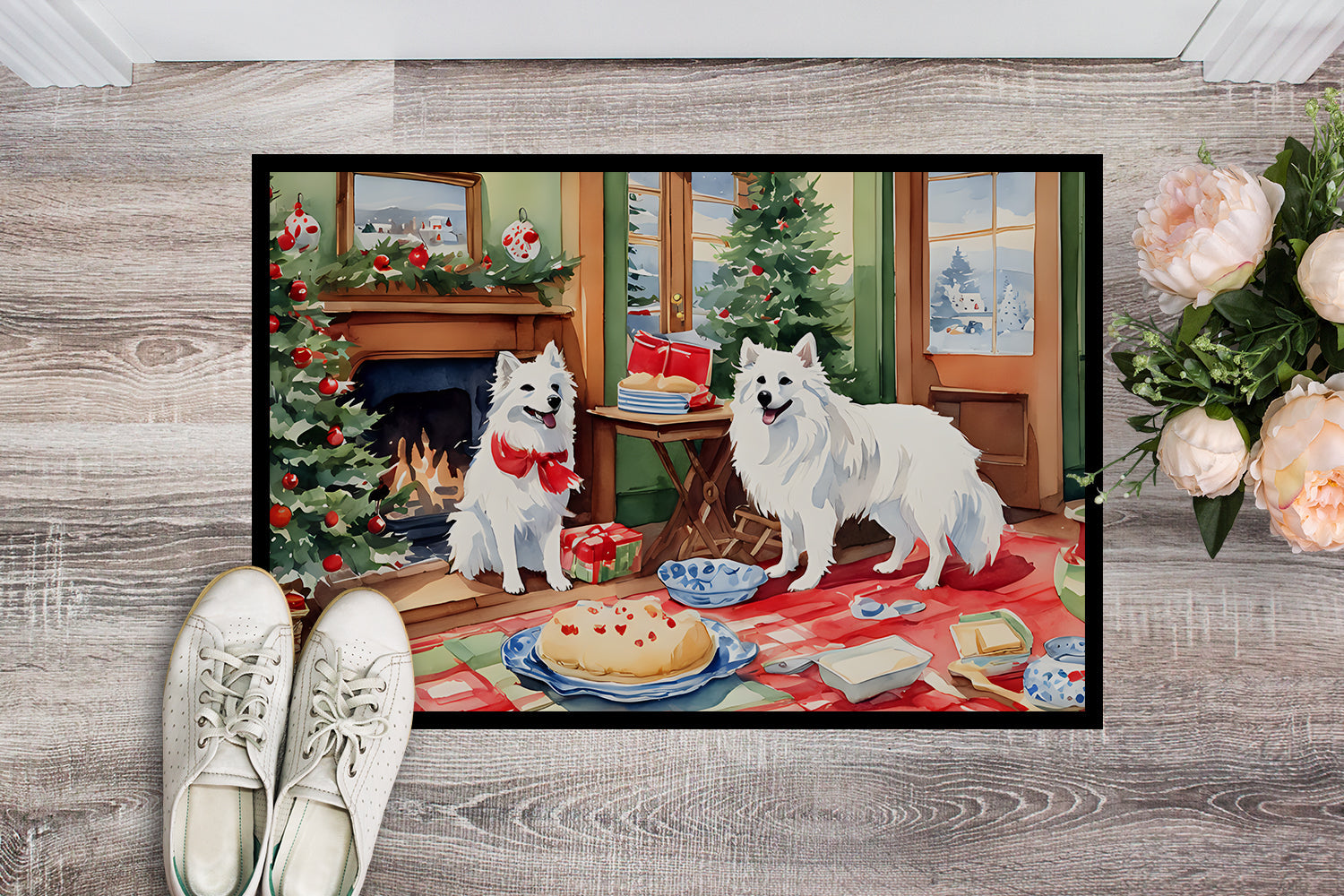 American Eskimo Christmas Cookies Doormat Indoor Outdoor 24H X 36W Front Door Mat Rugs for Entryway, Non Slip Washable Low Pile,