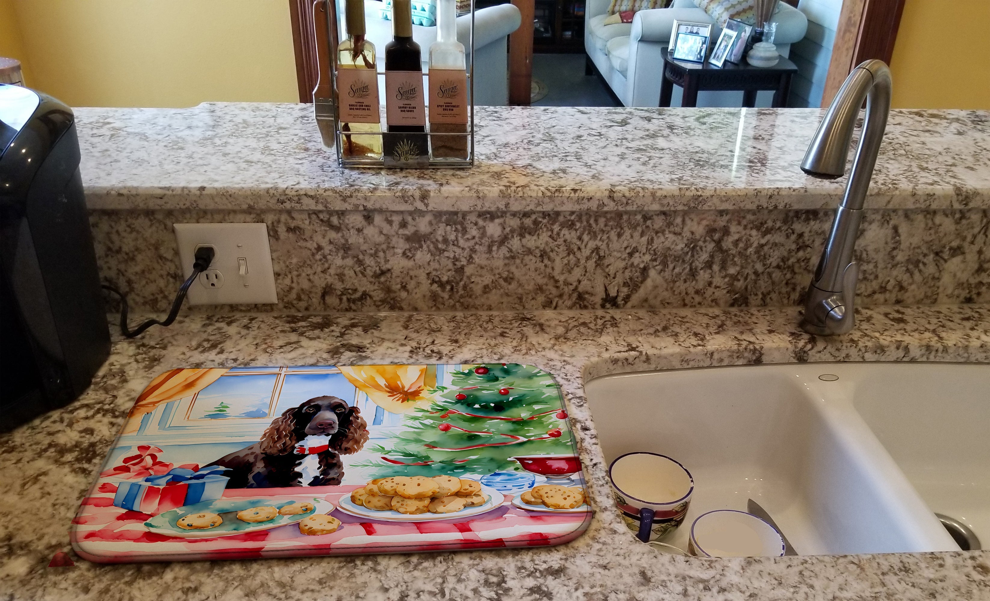American Water Spaniel Christmas Cookies Dish Drying Mat Absorbent Dish Drying Mat Pad for Kitchen Counter Dish Drainer Mat for Countertop, 14 x 21", Multicolor