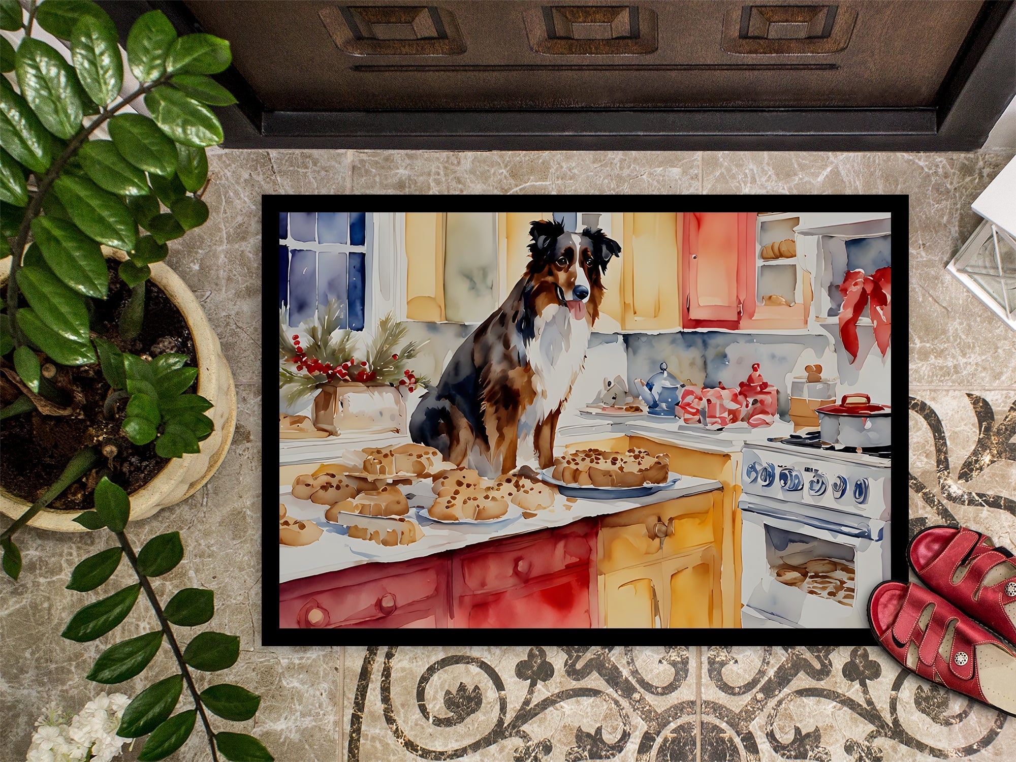 Australian Shepherd Christmas Cookies Doormat Indoor Outdoor 24H X 36W Front Door Mat Rugs for Entryway, Non Slip Washable Low Pile,