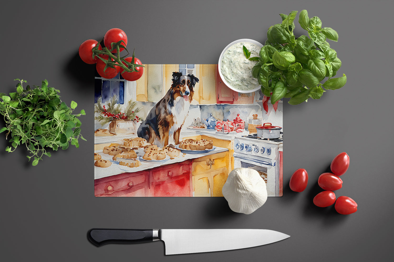 Australian Shepherd Christmas Cookies Cutting Board Tempered Glass Kitchen Cutting Surface, Heat Resistant Chopping, Non-Slip Feet, Food Prep & Serving