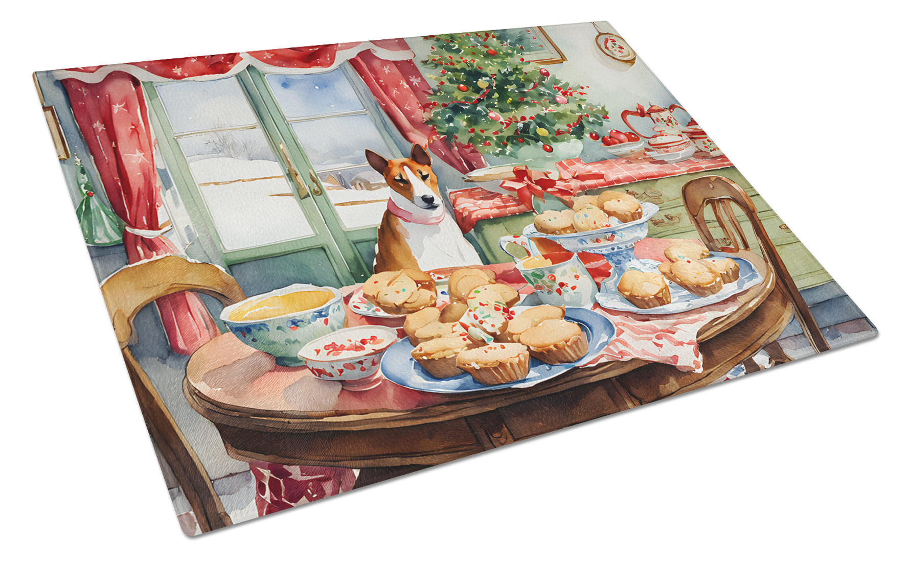 Basenji Christmas Cookies Cutting Board Tempered Glass Kitchen Cutting Surface, Heat Resistant Chopping, Non-Slip Feet, Food Prep & Serving