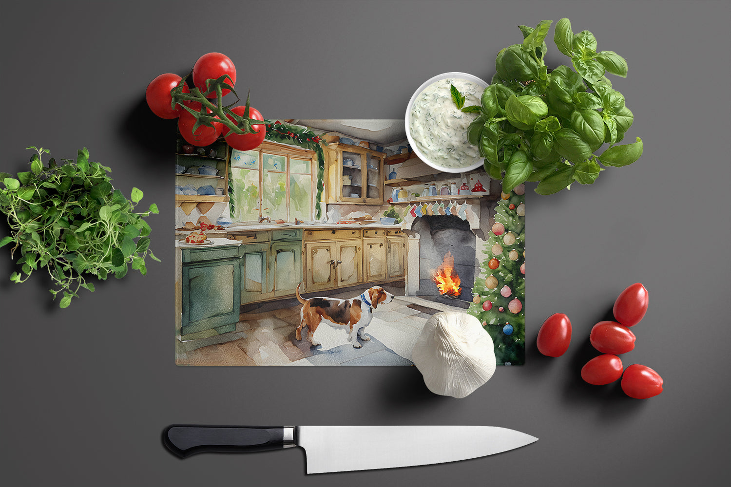 Basset Hound Christmas Cookies Cutting Board Tempered Glass Kitchen Cutting Surface, Heat Resistant Chopping, Non-Slip Feet, Food Prep & Serving