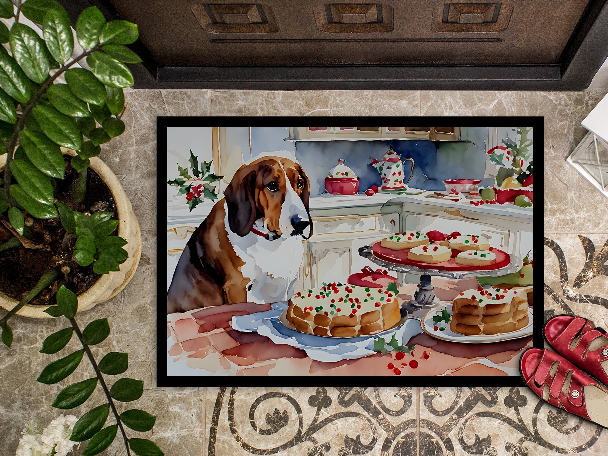 Basset Hound Christmas Cookies Doormat Indoor Outdoor 18H X 27W Front Door Mat Rugs for Entryway, Non Slip Washable