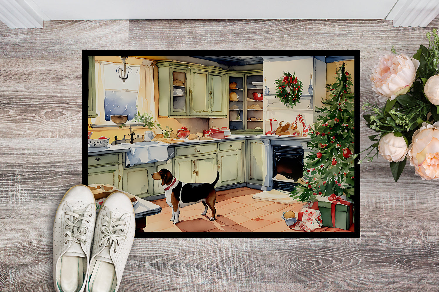 Basset Hound Christmas Cookies Doormat Indoor Outdoor 18H X 27W Front Door Mat Rugs for Entryway, Non Slip Washable
