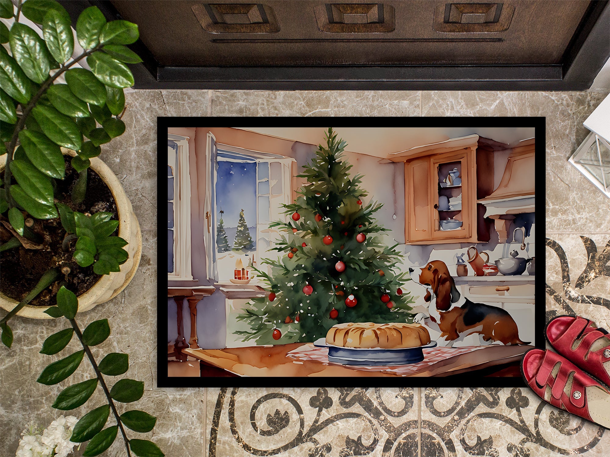 Basset Hound Christmas Cookies Doormat Indoor Outdoor 18H X 27W Front Door Mat Rugs for Entryway, Non Slip Washable