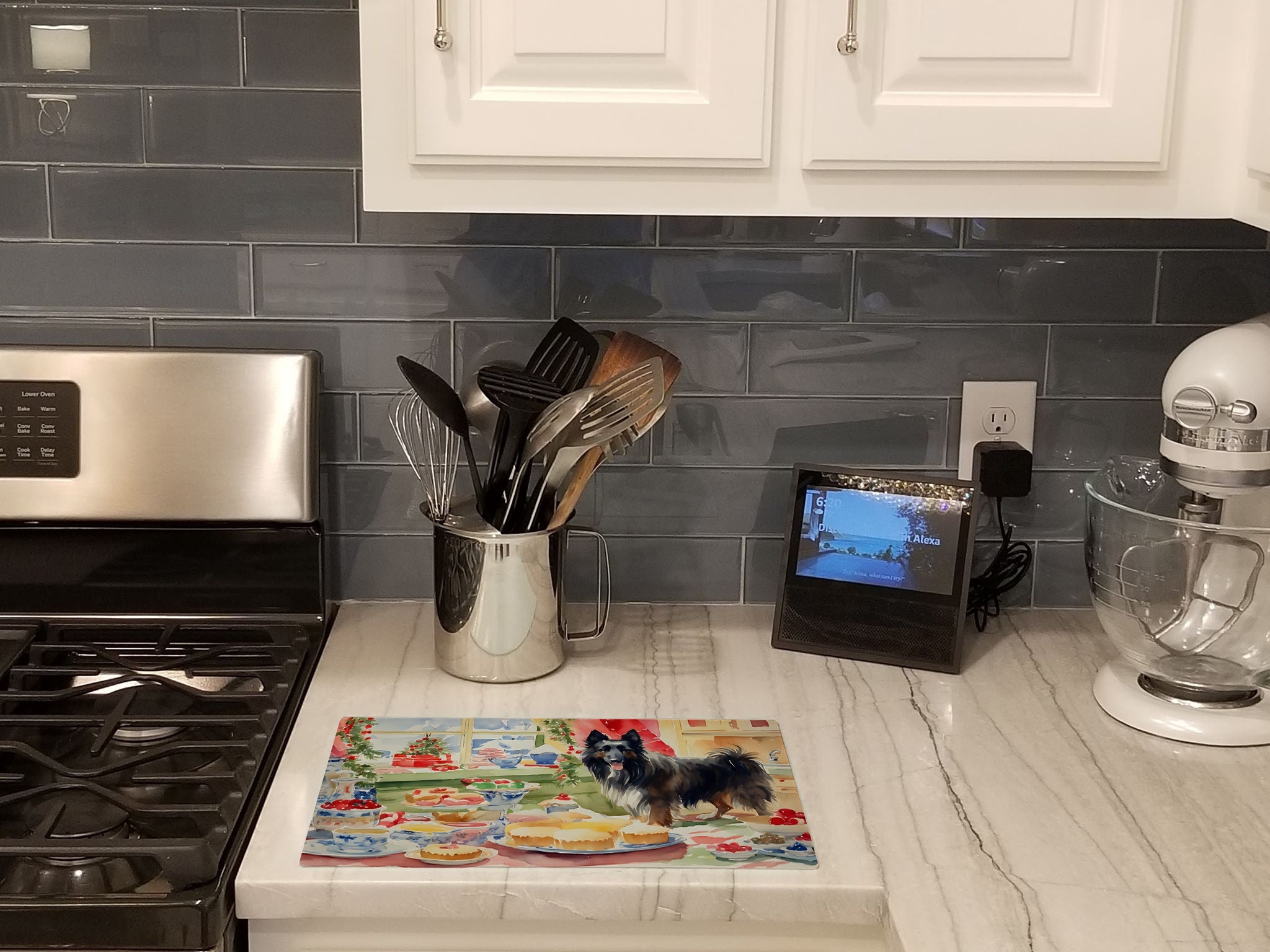Belgian Sheepdog Christmas Cookies Cutting Board Tempered Glass Kitchen Cutting Surface, Heat Resistant Chopping, Non-Slip Feet, Food Prep & Serving