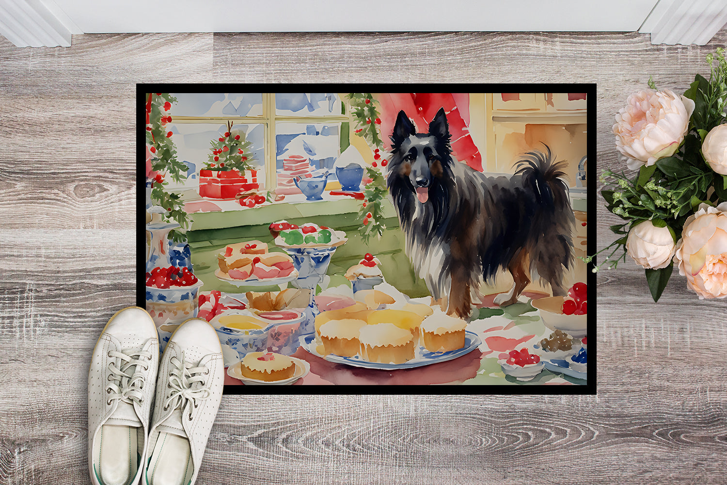 Belgian Sheepdog Christmas Cookies Doormat Indoor Outdoor 18H X 27W Front Door Mat Rugs for Entryway, Non Slip Washable