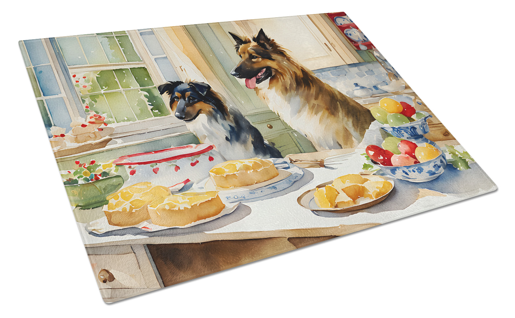 Belgian Tervuren Christmas Cookies Cutting Board Tempered Glass Kitchen Cutting Surface, Heat Resistant Chopping, Non-Slip Feet, Food Prep & Serving