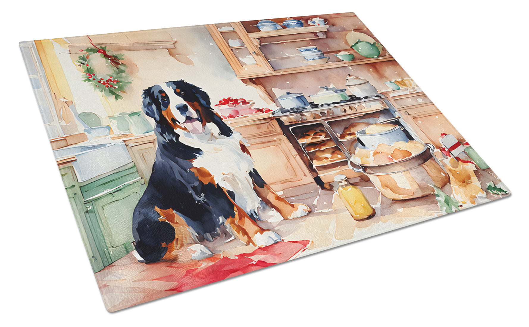 Bernese Mountain Dog Christmas Cookies Cutting Board Tempered Glass Kitchen Cutting Surface, Heat Resistant Chopping, Non-Slip Feet, Food Prep & Serving