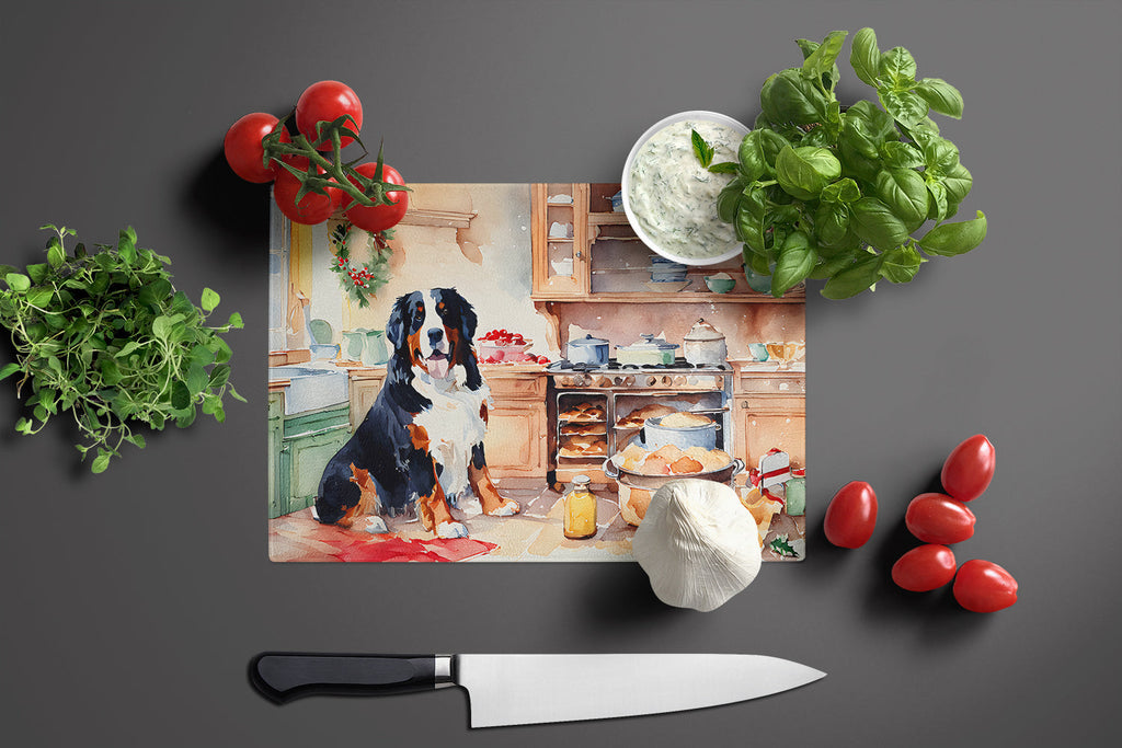 Bernese Mountain Dog Christmas Cookies Cutting Board Tempered Glass Kitchen Cutting Surface, Heat Resistant Chopping, Non-Slip Feet, Food Prep & Serving