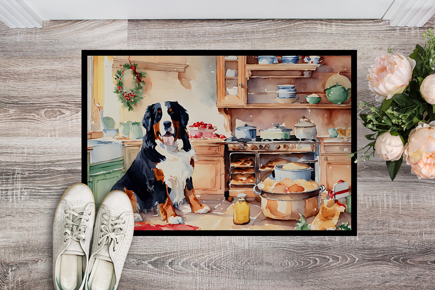 Bernese Mountain Dog Christmas Cookies Doormat Indoor Outdoor 18H X 27W Front Door Mat Rugs for Entryway, Non Slip Washable
