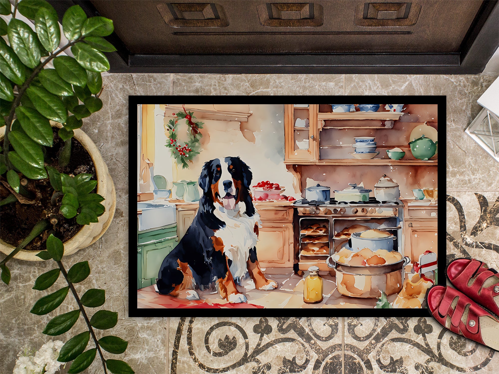 Bernese Mountain Dog Christmas Cookies Doormat Indoor Outdoor 18H X 27W Front Door Mat Rugs for Entryway, Non Slip Washable