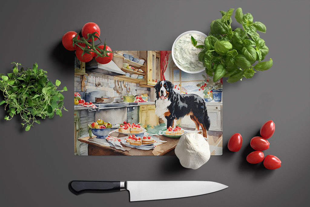 Bernese Mountain Dog Christmas Cookies Cutting Board Tempered Glass Kitchen Cutting Surface, Heat Resistant Chopping, Non-Slip Feet, Food Prep & Serving