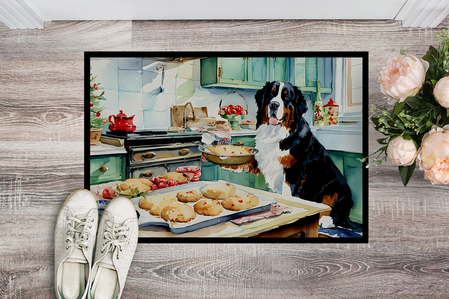 Bernese Mountain Dog Christmas Cookies Doormat Indoor Outdoor 18H X 27W Front Door Mat Rugs for Entryway, Non Slip Washable