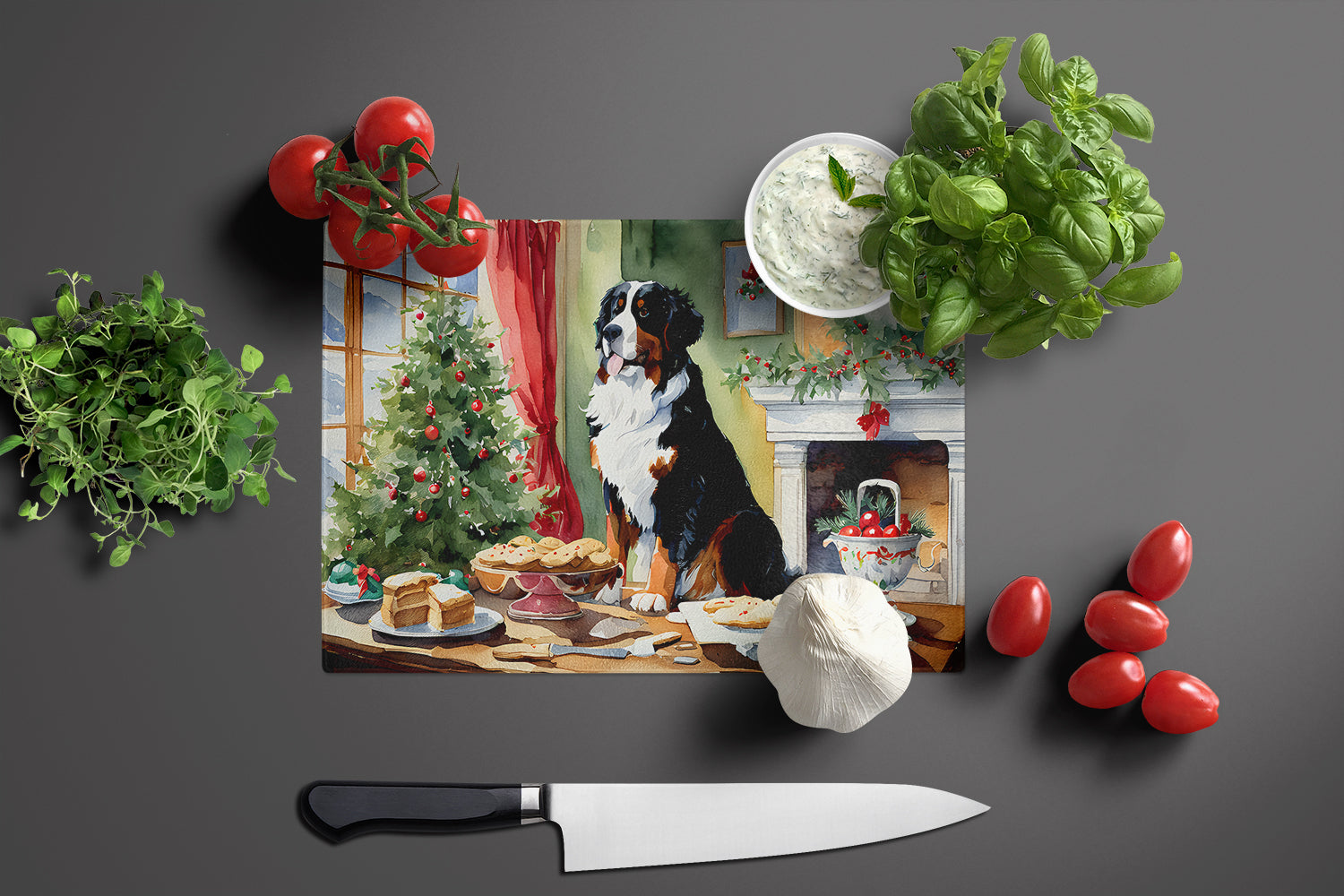 Bernese Mountain Dog Christmas Cookies Cutting Board Tempered Glass Kitchen Cutting Surface, Heat Resistant Chopping, Non-Slip Feet, Food Prep & Serving