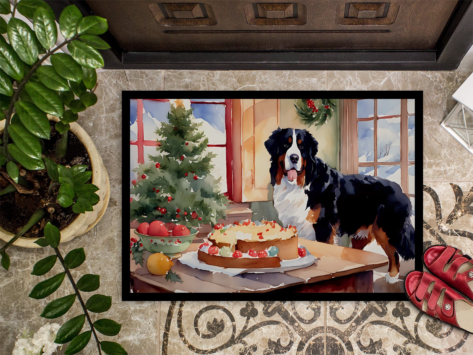 Bernese Mountain Dog Christmas Cookies Doormat Indoor Outdoor 24H X 36W Front Door Mat Rugs for Entryway, Non Slip Washable Low Pile,