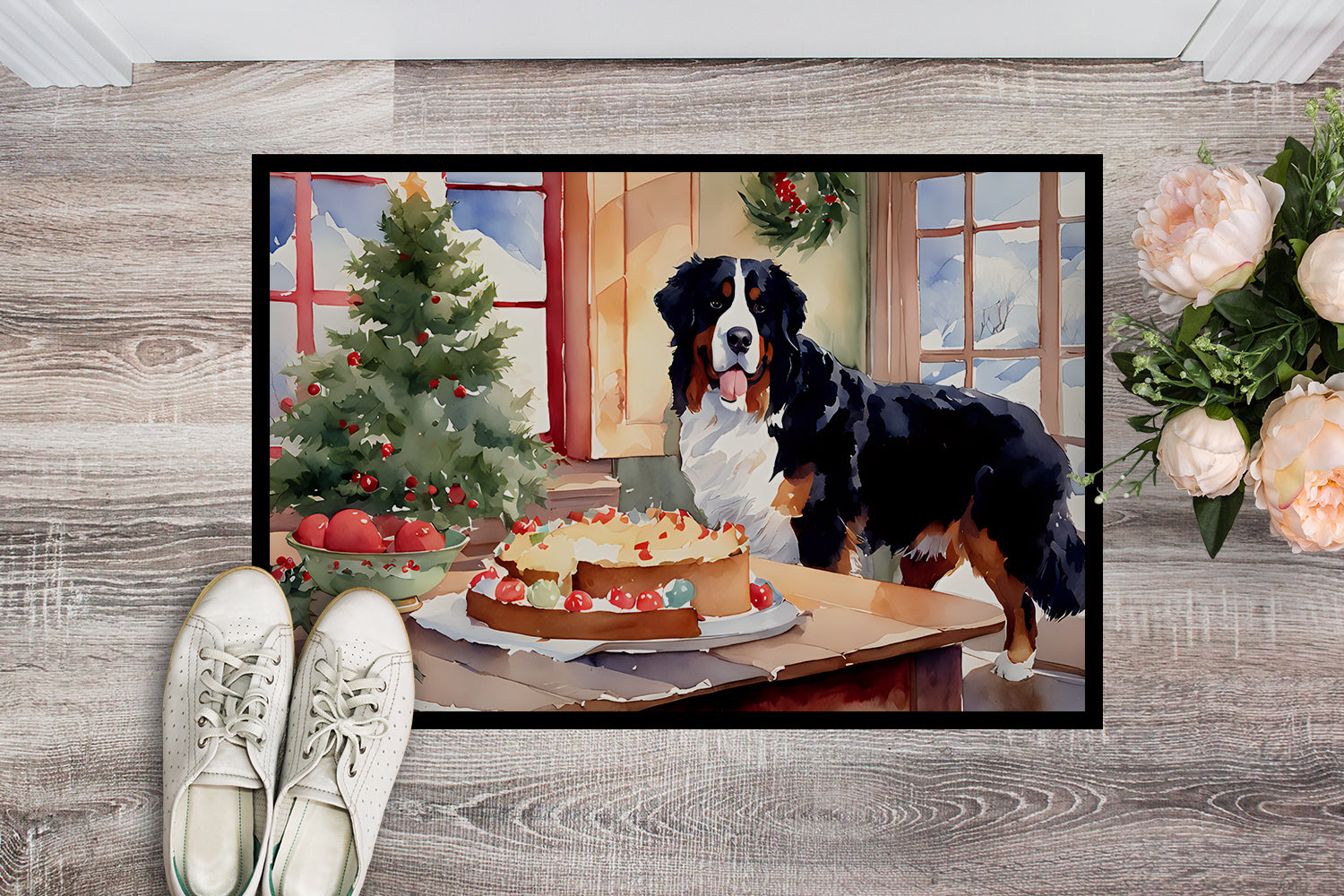 Bernese Mountain Dog Christmas Cookies Doormat Indoor Outdoor 18H X 27W Front Door Mat Rugs for Entryway, Non Slip Washable