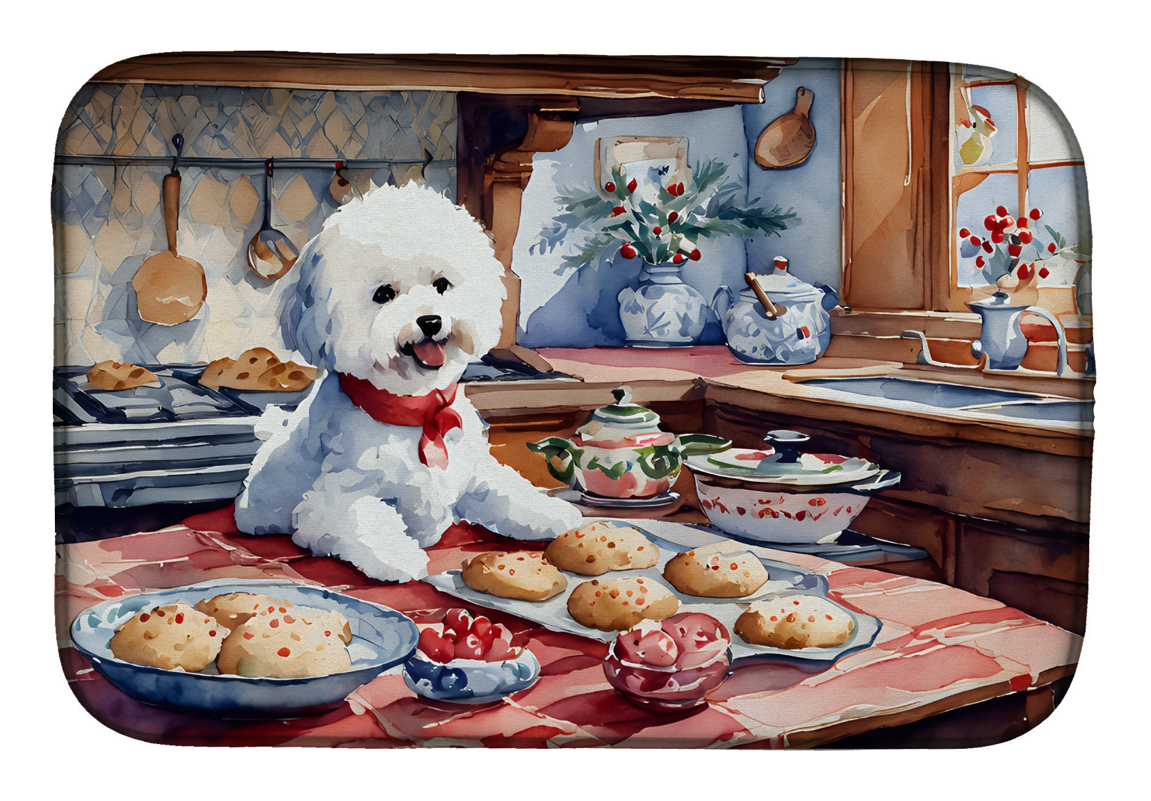 Bichon Frise Christmas Cookies Dish Drying Mat Absorbent Dish Drying Mat Pad for Kitchen Counter Dish Drainer Mat for Countertop, 14 x 21", Multicolor