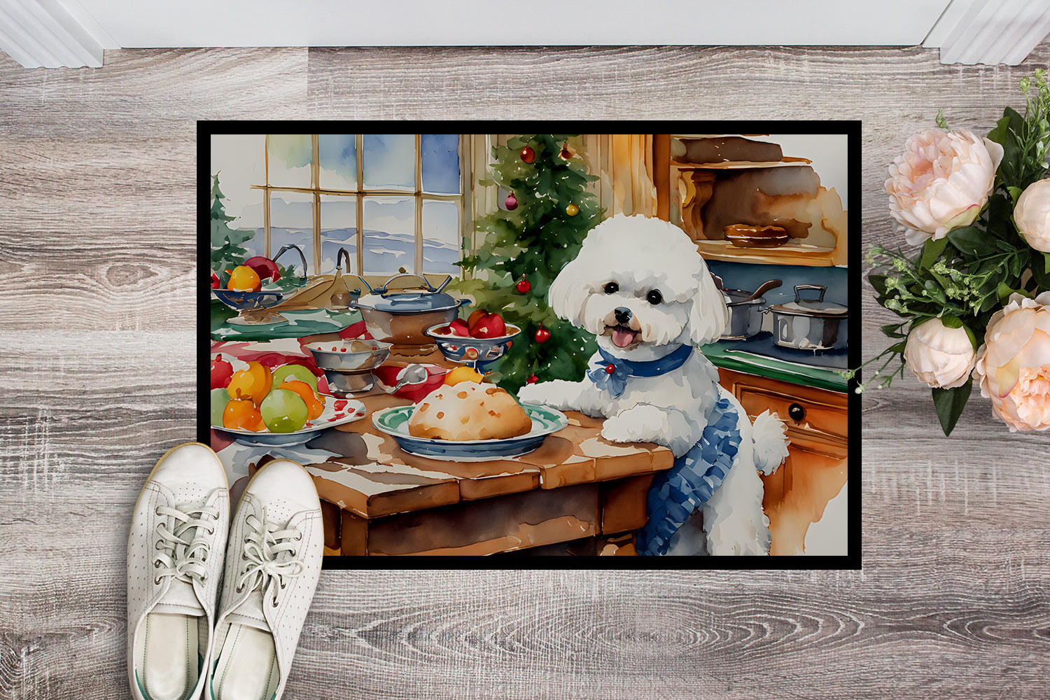 Bichon Frise Christmas Cookies Doormat Indoor Outdoor 18H X 27W Front Door Mat Rugs for Entryway, Non Slip Washable
