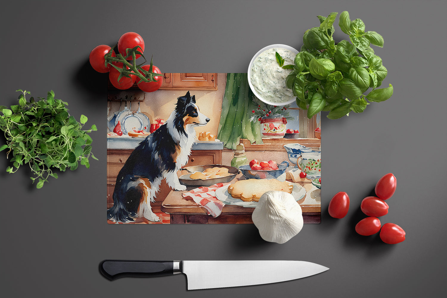 Border Collie Christmas Cookies Cutting Board Tempered Glass Kitchen Cutting Surface, Heat Resistant Chopping, Non-Slip Feet, Food Prep & Serving
