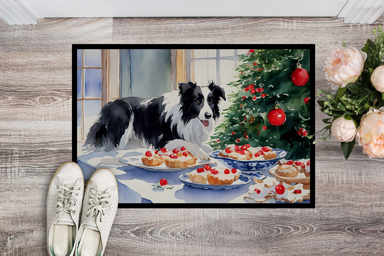 Border Collie Christmas Cookies Doormat Indoor Outdoor 18H X 27W Front Door Mat Rugs for Entryway, Non Slip Washable