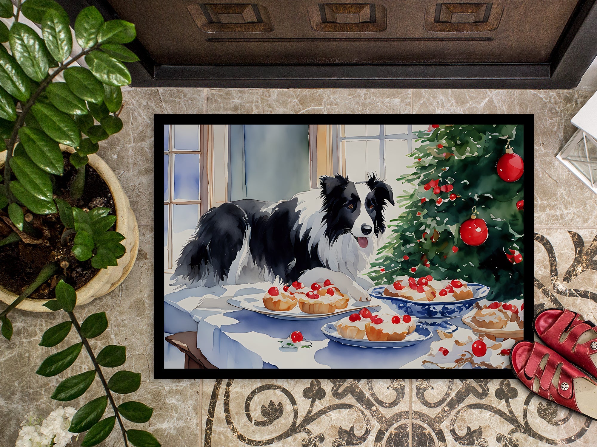 Border Collie Christmas Cookies Doormat Indoor Outdoor 18H X 27W Front Door Mat Rugs for Entryway, Non Slip Washable
