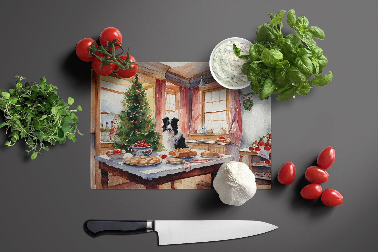 Border Collie Christmas Cookies Cutting Board Tempered Glass Kitchen Cutting Surface, Heat Resistant Chopping, Non-Slip Feet, Food Prep & Serving