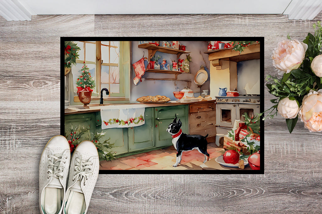 Boston Terrier Christmas Cookies Doormat Indoor Outdoor 18H X 27W Front Door Mat Rugs for Entryway, Non Slip Washable