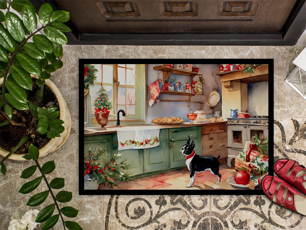 Boston Terrier Christmas Cookies Doormat Indoor Outdoor 18H X 27W Front Door Mat Rugs for Entryway, Non Slip Washable