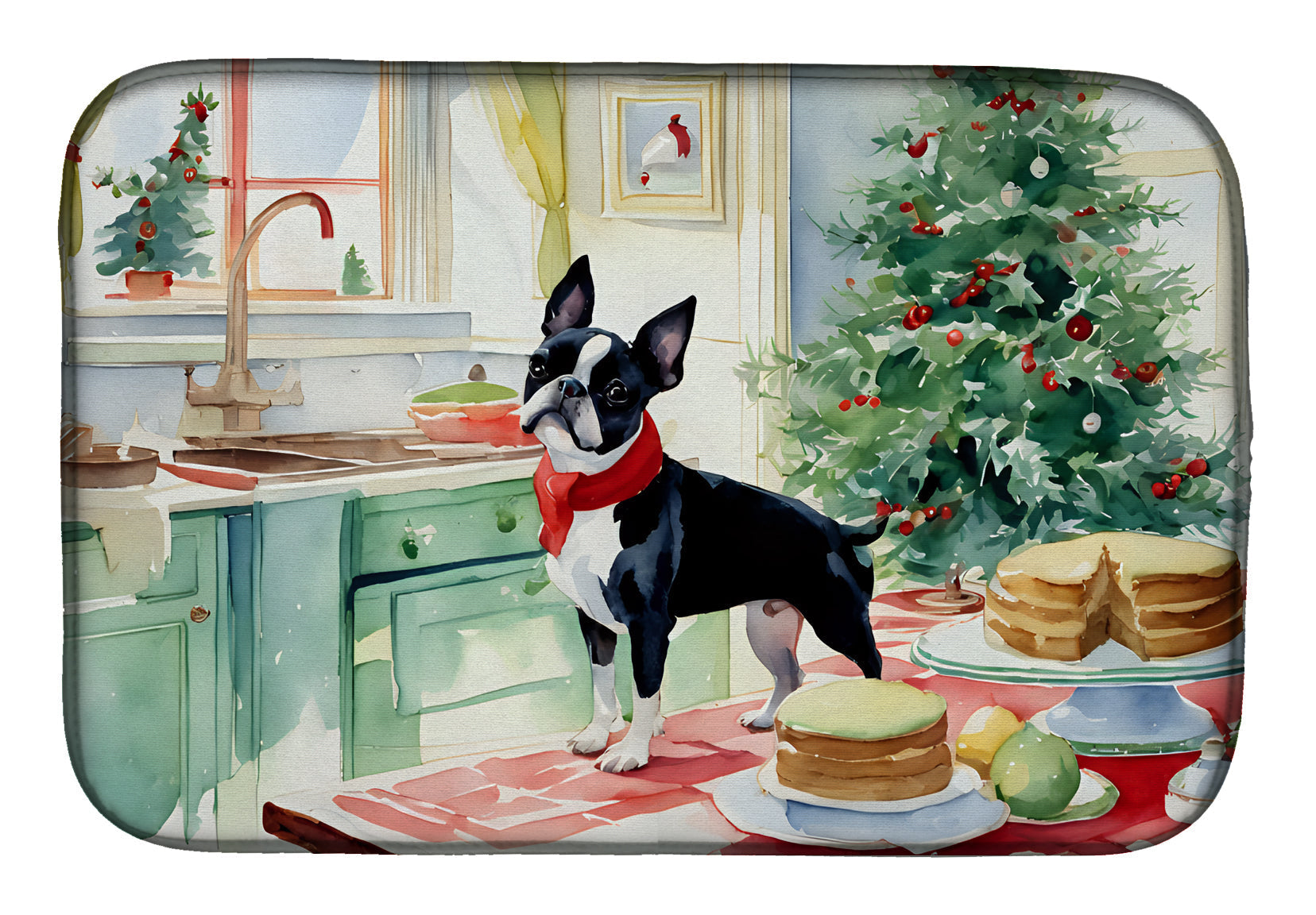 Boston Terrier Christmas Cookies Dish Drying Mat Absorbent Dish Drying Mat Pad for Kitchen Counter Dish Drainer Mat for Countertop, 14 x 21", Multicolor