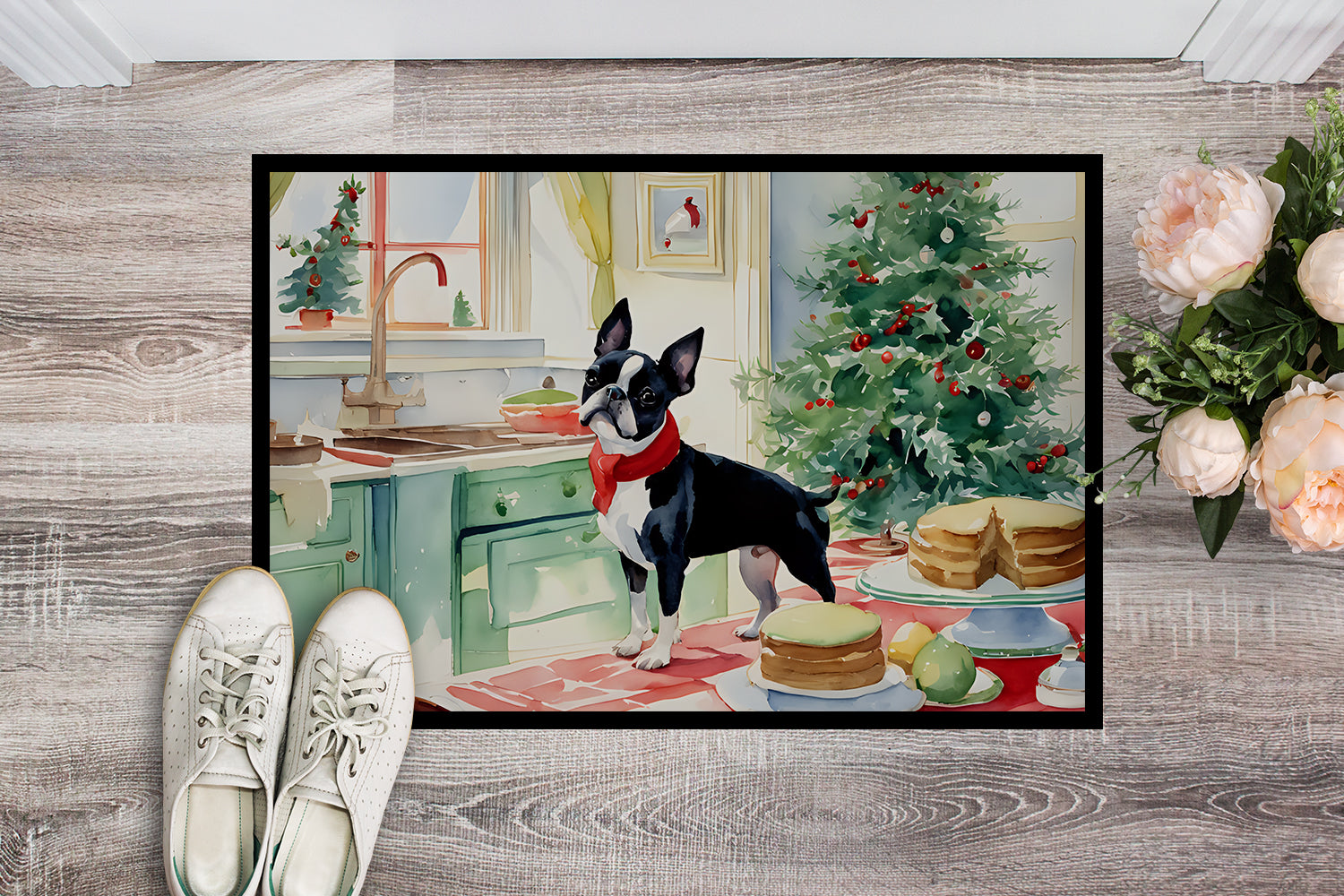 Boston Terrier Christmas Cookies Doormat Indoor Outdoor 24H X 36W Front Door Mat Rugs for Entryway, Non Slip Washable Low Pile,