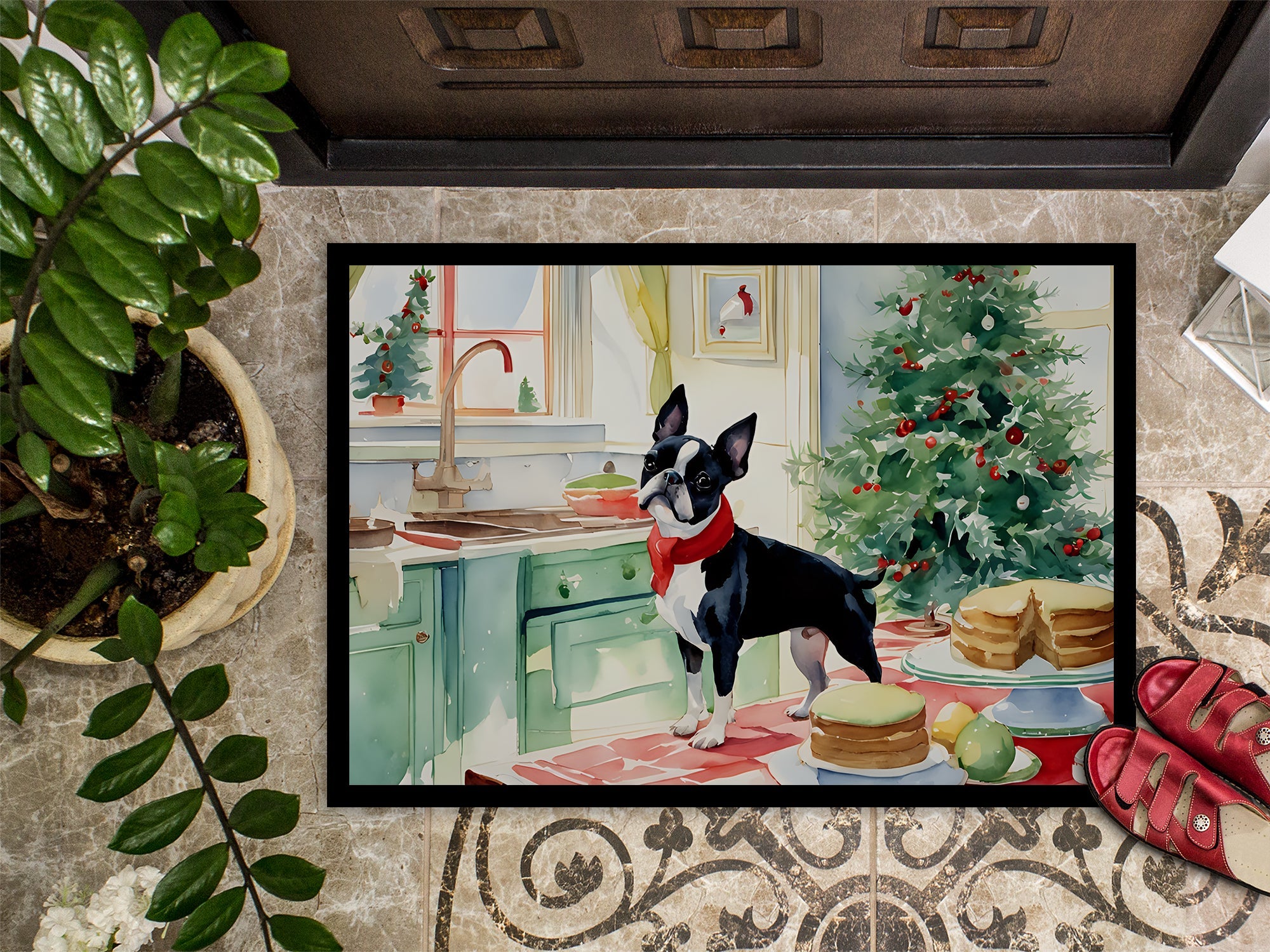 Boston Terrier Christmas Cookies Doormat Indoor Outdoor 24H X 36W Front Door Mat Rugs for Entryway, Non Slip Washable Low Pile,