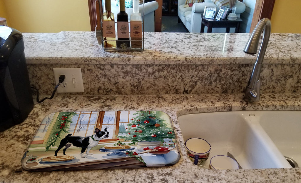 Boston Terrier Christmas Cookies Dish Drying Mat Absorbent Dish Drying Mat Pad for Kitchen Counter Dish Drainer Mat for Countertop, 14 x 21", Multicolor