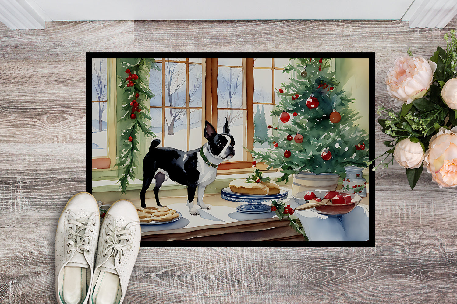Boston Terrier Christmas Cookies Doormat Indoor Outdoor 24H X 36W Front Door Mat Rugs for Entryway, Non Slip Washable Low Pile,