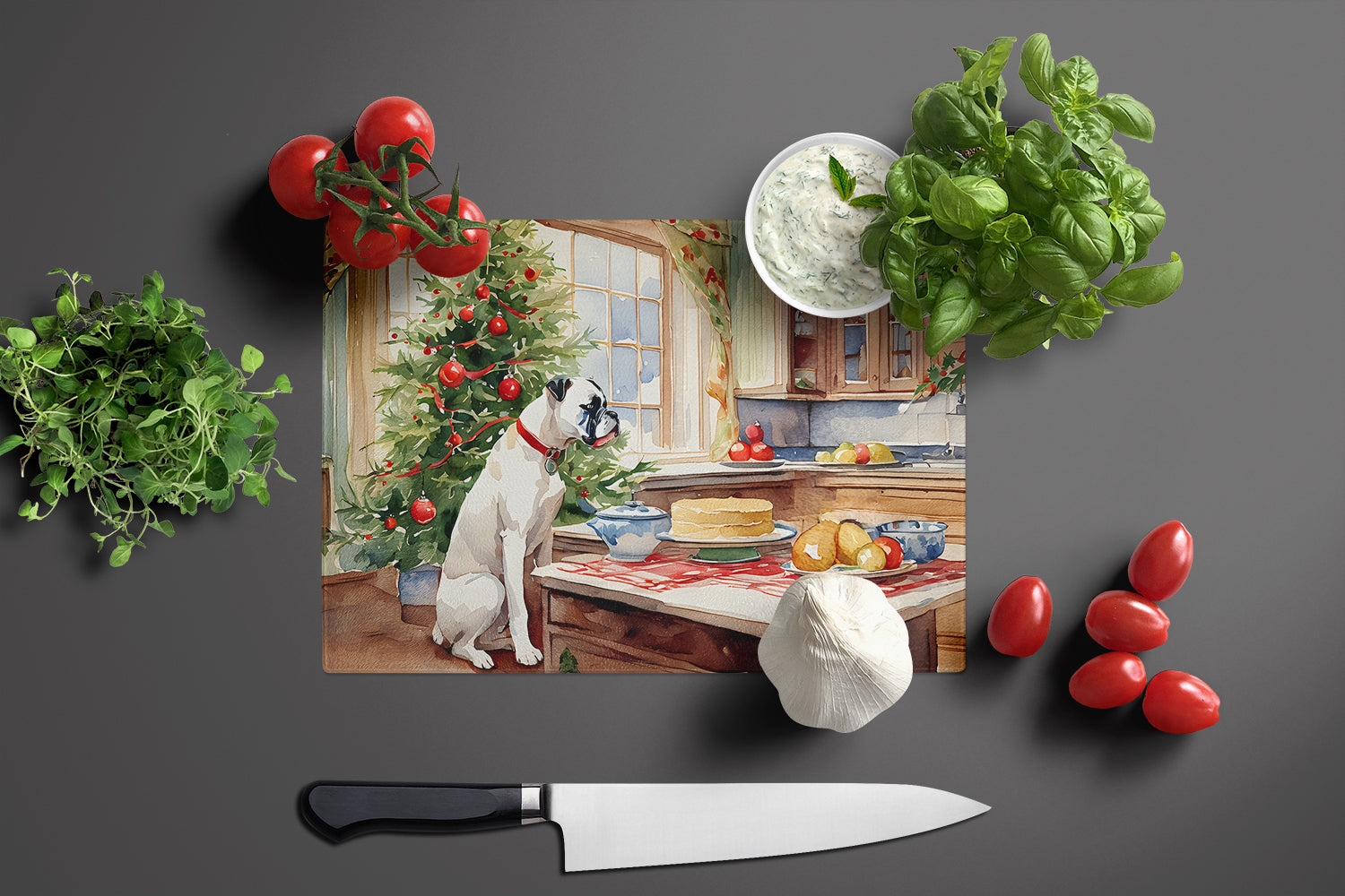 White Boxer Christmas Cookies Cutting Board Tempered Glass Kitchen Cutting Surface, Heat Resistant Chopping, Non-Slip Feet, Food Prep & Serving