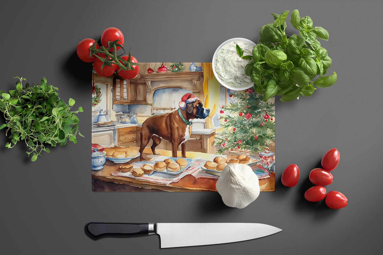 Boxer Christmas Cookies Cutting Board Tempered Glass Kitchen Cutting Surface, Heat Resistant Chopping, Non-Slip Feet, Food Prep & Serving