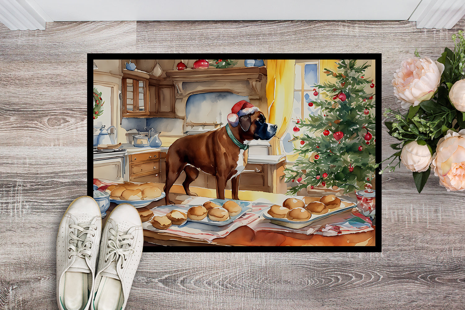 Boxer Christmas Cookies Doormat Indoor Outdoor 18H X 27W Front Door Mat Rugs for Entryway, Non Slip Washable