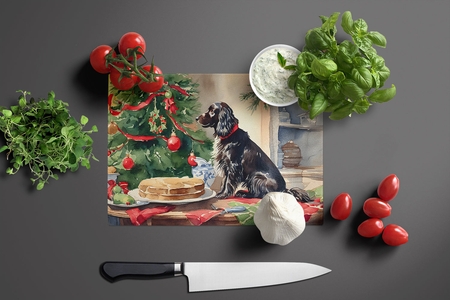Boykin Spaniel Christmas Cookies Cutting Board Tempered Glass Kitchen Cutting Surface, Heat Resistant Chopping, Non-Slip Feet, Food Prep & Serving