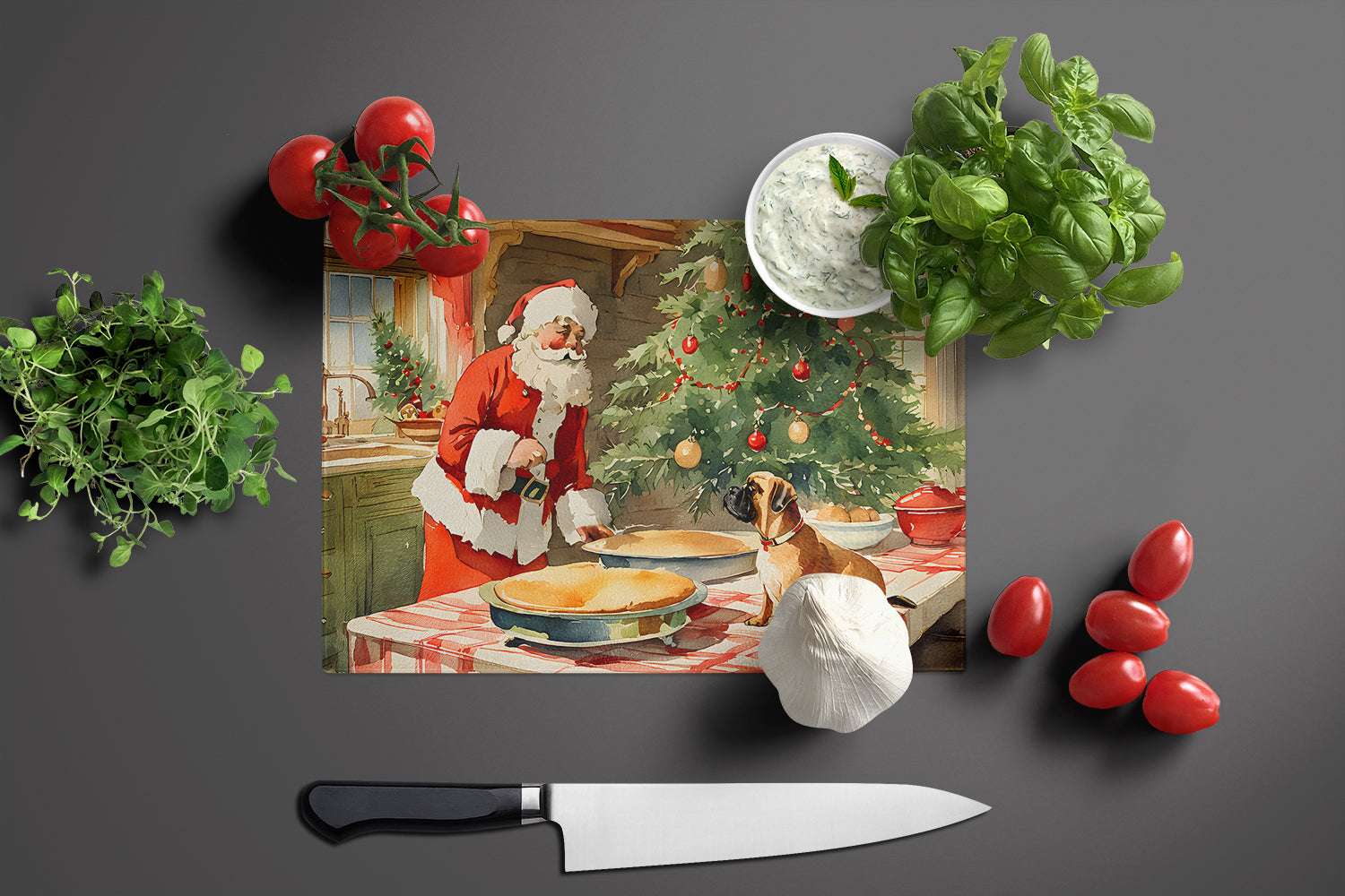 Bullmastiff Christmas Cookies Cutting Board Tempered Glass Kitchen Cutting Surface, Heat Resistant Chopping, Non-Slip Feet, Food Prep & Serving