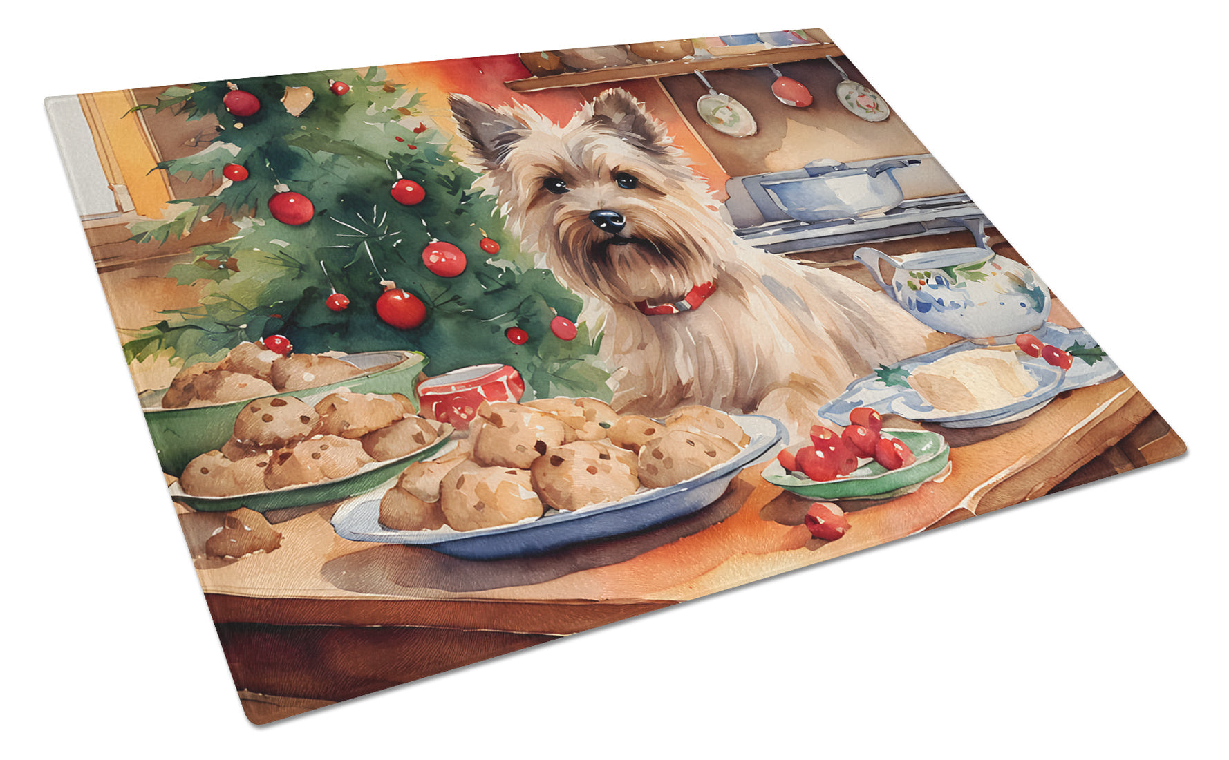 Cairn Terrier Christmas Cookies Cutting Board Tempered Glass Kitchen Cutting Surface, Heat Resistant Chopping, Non-Slip Feet, Food Prep & Serving