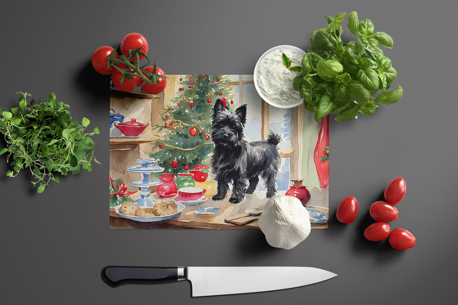 Cairn Terrier Christmas Cookies Cutting Board Tempered Glass Kitchen Cutting Surface, Heat Resistant Chopping, Non-Slip Feet, Food Prep & Serving