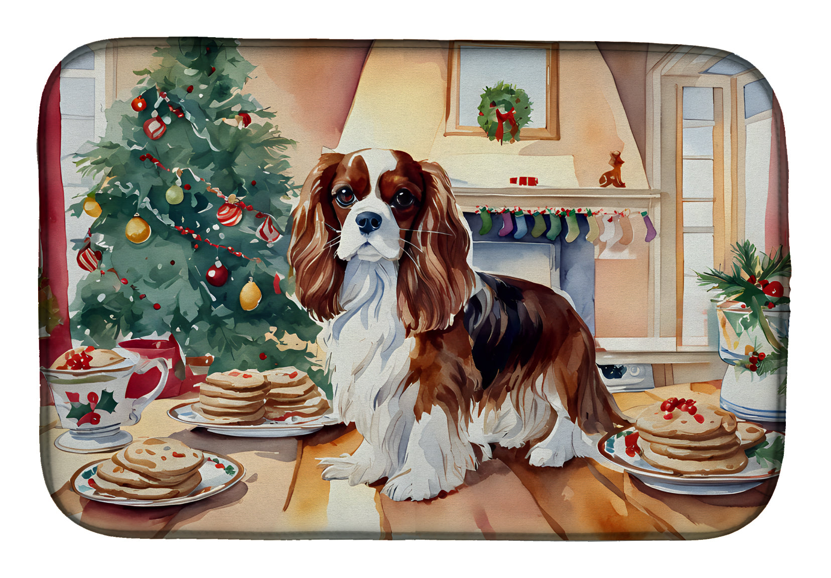 Cavalier Spaniel Christmas Cookies Dish Drying Mat Absorbent Dish Drying Mat Pad for Kitchen Counter Dish Drainer Mat for Countertop, 14 x 21", Multicolor