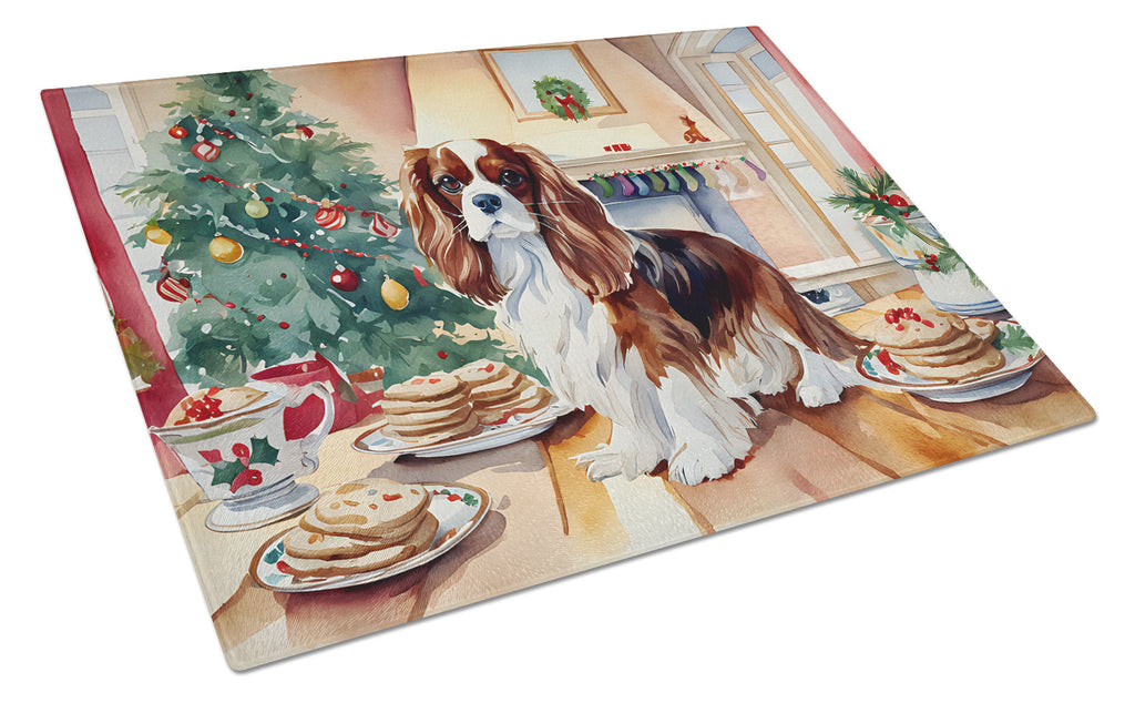 Cavalier Spaniel Christmas Cookies Cutting Board Tempered Glass Kitchen Cutting Surface, Heat Resistant Chopping, Non-Slip Feet, Food Prep & Serving
