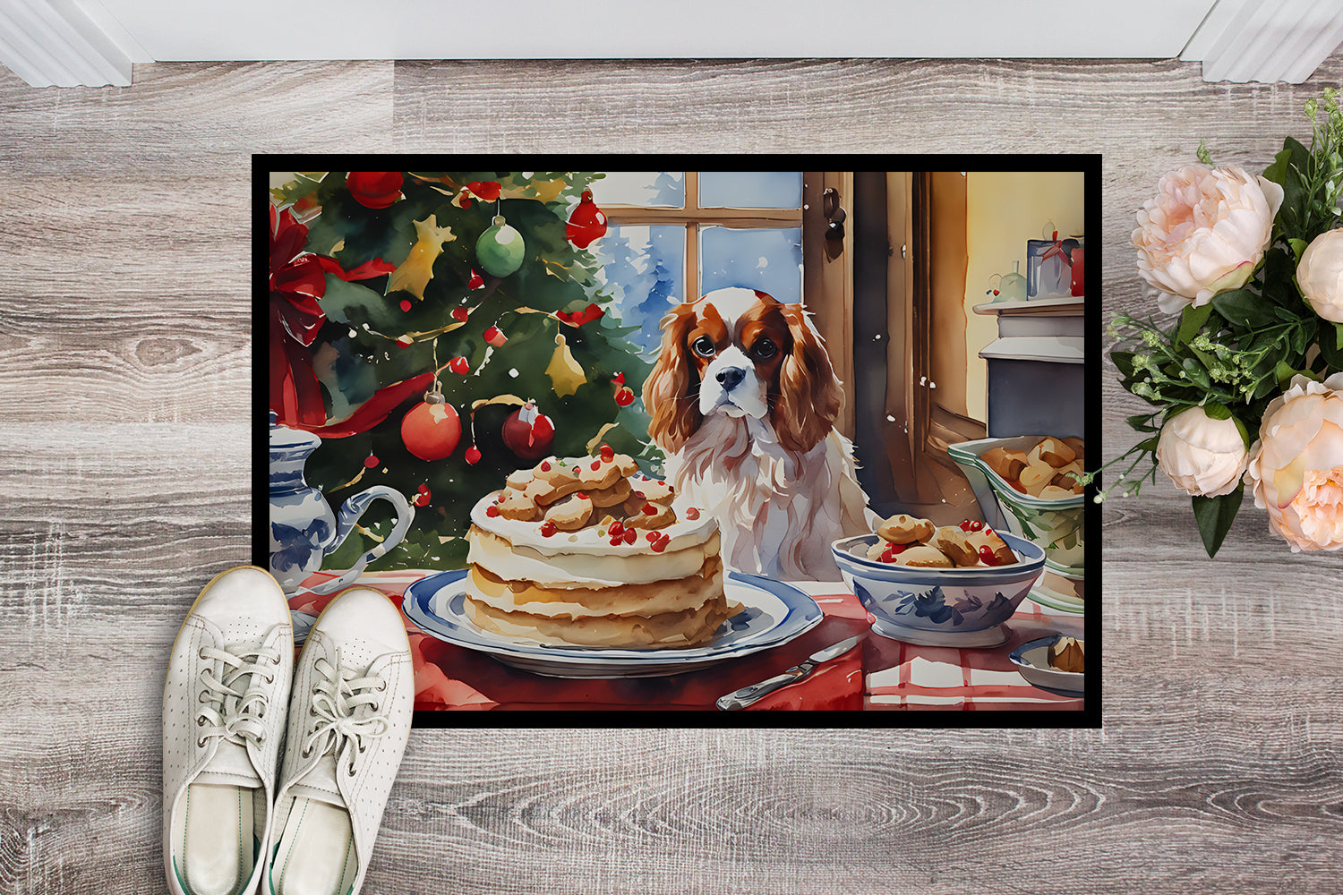 Cavalier Spaniel Christmas Cookies Doormat Indoor Outdoor 24H X 36W Front Door Mat Rugs for Entryway, Non Slip Washable Low Pile,